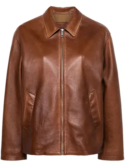 Prada Triangle-logo Leather Jacket In Brown