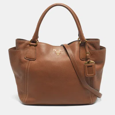 Pre-owned Prada Brown Vitello Daino Leather Side Pocket Tote