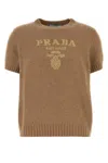 Prada Short Sleeve Crew Neck Ribbed Hem Sweater In Brown