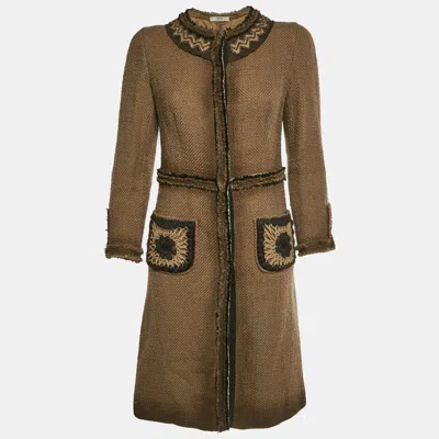 Pre-owned Prada Brown Wool Tweed Coat Bead Embellished Mid-length Coat M