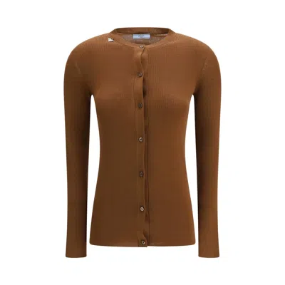 Prada Ribbed Wool Cardigan In Brown