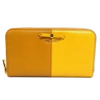 Pre-owned Prada Brown Yellow Leather Long Wallet (bi-fold) () In Brown, Yellow