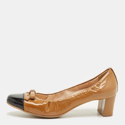 Pre-owned Prada Brown/black Patent Leather Cap Toe Bow Block Heel Pumps Size 36