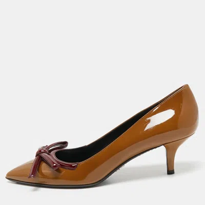 Pre-owned Prada Brown/burgundy Patent Leather Bow Pointed Toe Pumps Size 38.5