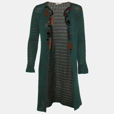 Pre-owned Prada Brown/teal Crochet Knit Open Front Cardigan S