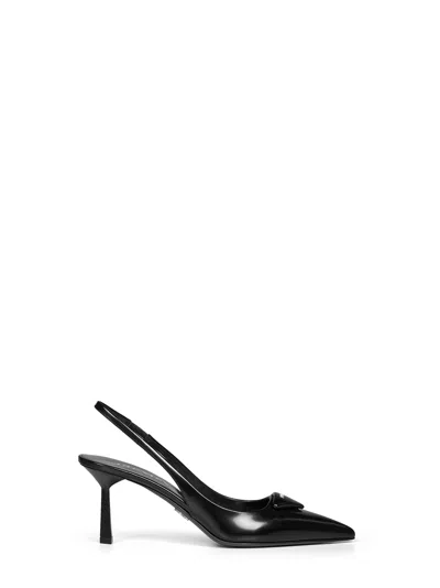 Prada Brushed Calf Leather Slingback Heel In Black