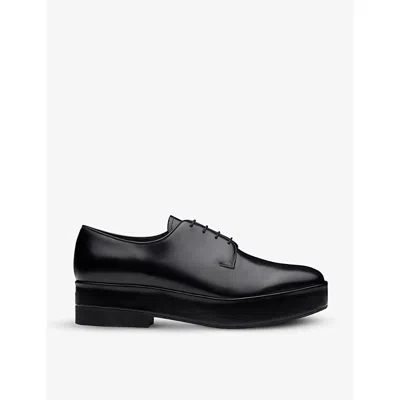 Prada Mens Black Brushed Laced Leather Derby Shoes