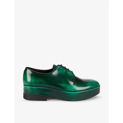 Prada Mens Green Brushed Laced Leather Derby Shoes