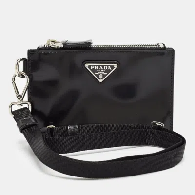 Prada Brushed Leather And Nylon Wristlet Pouch In Black