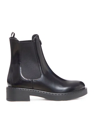 Prada Brushed Leather Ankle Boots In Black
