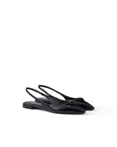 Prada Brushed Leather Ballerina Slingbacks In Black