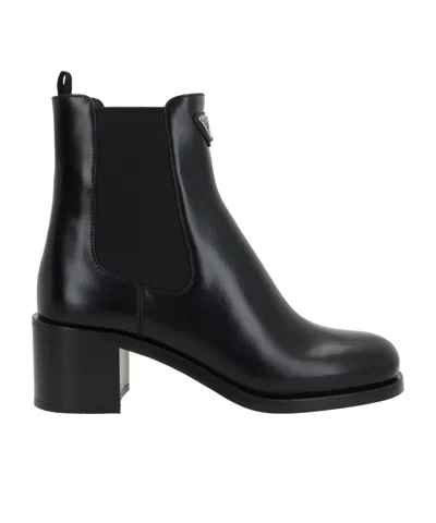 Prada Brushed Leather Booties In Black