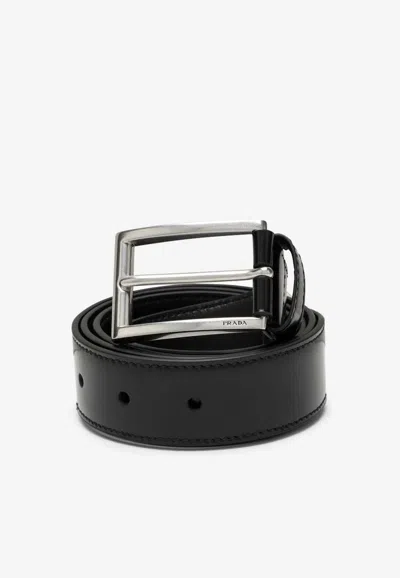 Prada Brushed Leather Buckle Belt In Black