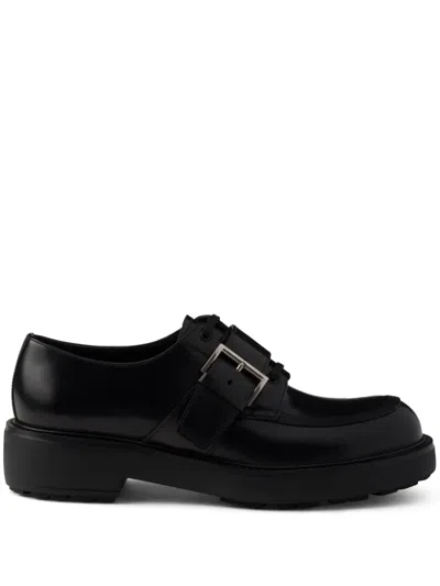 Prada Brushed Leather Buckled Derby Shoes In Black