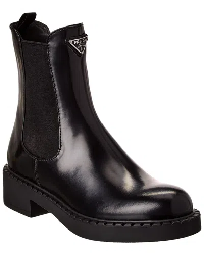 Prada Logo Leather Ankle Boots In Black