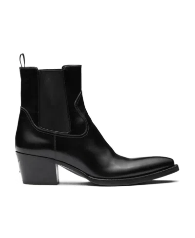 Prada Brushed Leather Ankle Boots 55 In Black