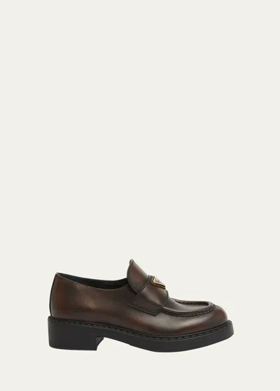 Prada Brushed Leather Chunky Slip-on Loafers In Moro