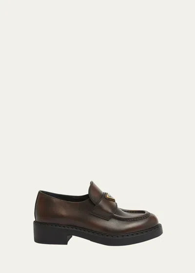 PRADA BRUSHED LEATHER CHUNKY SLIP-ON LOAFERS