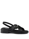 Prada Brushed Leather Crisscross Band Sandals With Plexiglas Buckle In Black