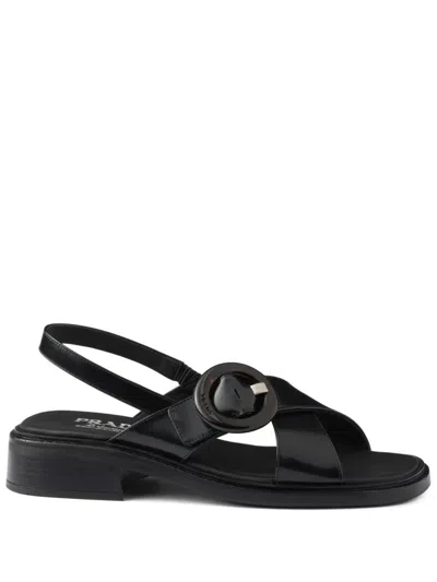 PRADA BRUSHED LEATHER CRISSCROSS BAND SANDALS WITH PLEXIGLAS BUCKLE