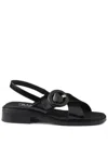 Prada Brushed Leather Crisscross Band Sandals With Plexiglas Buckle Shoes In Black