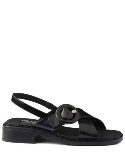 PRADA PRADA BRUSHED LEATHER CRISSCROSS BAND SANDALS WITH PLEXIGLAS BUCKLE SHOES