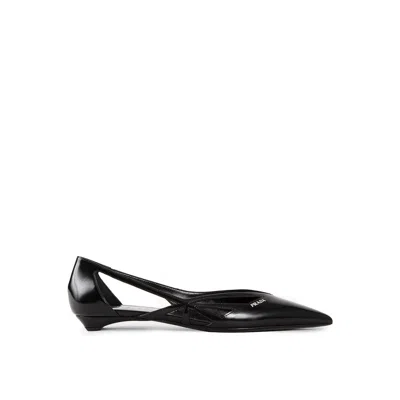 Prada Brushed Leather Cut-out Ballerina Flats In Black