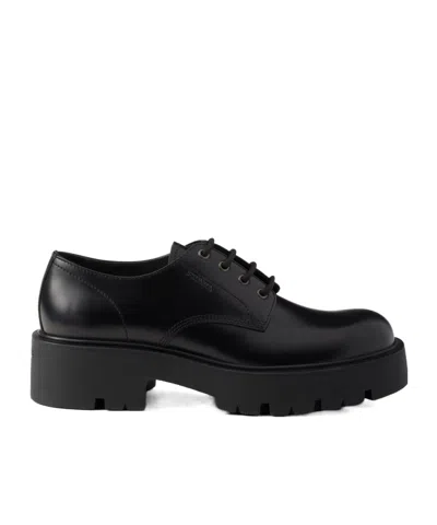 Prada Chunky Sole Leather Derby Shoes In Black
