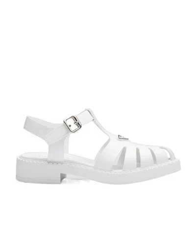 Prada Brushed Leather Fisherman Sandals In White