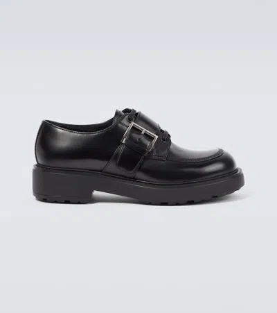 Prada Brushed Leather Buckled Derby Shoes In Black