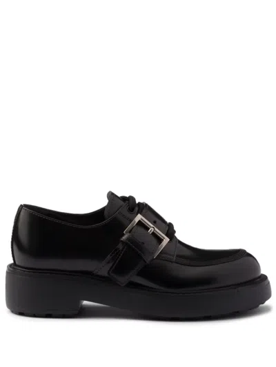 Prada Brushed Leather Lace-up Shoes With Strap In Black