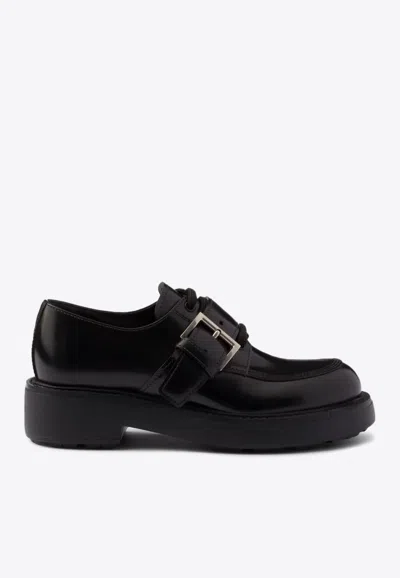 Prada Brushed Leather Lace-up Shoes In Black