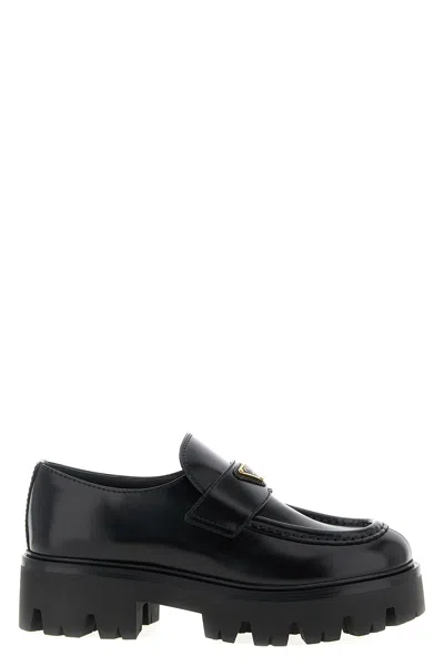 Prada Platform Leather Triangle Logo Loafers In Black