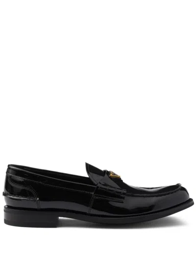 Prada Mens Black Triangle-logo Brushed Leather Loafers