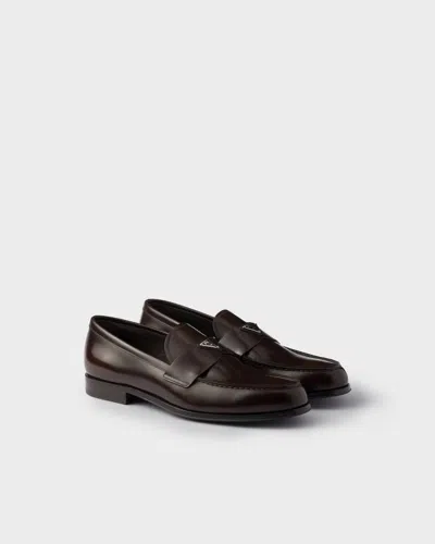 Prada Brushed Leather Loafers In Brown