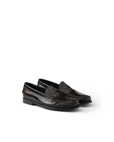 Prada Brushed Leather Loafers In Brown