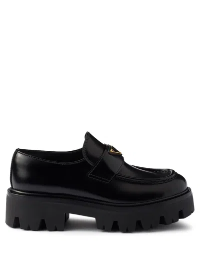 Prada Brushed Leather Loafers In Black