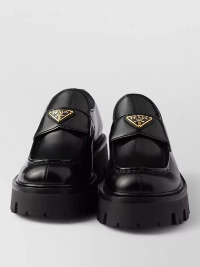 Prada Brushed Leather Loafers Rubber Sole Logo In Black