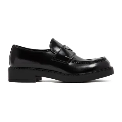 Prada Brushed Leather Loafers With Signature Logo And Rubber Sole In Black