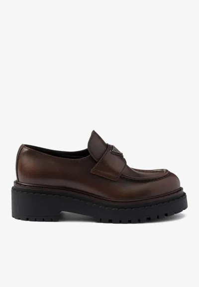 Prada Chocolate Leather Loafers In Brown