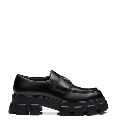 Prada Brushed Leather Monolith Loafers In Black