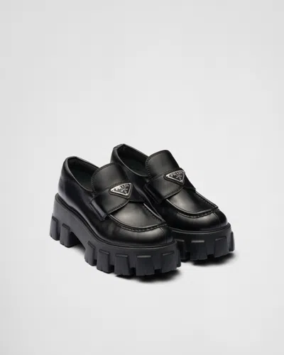 PRADA BRUSHED LEATHER MONOLITH LOAFERS