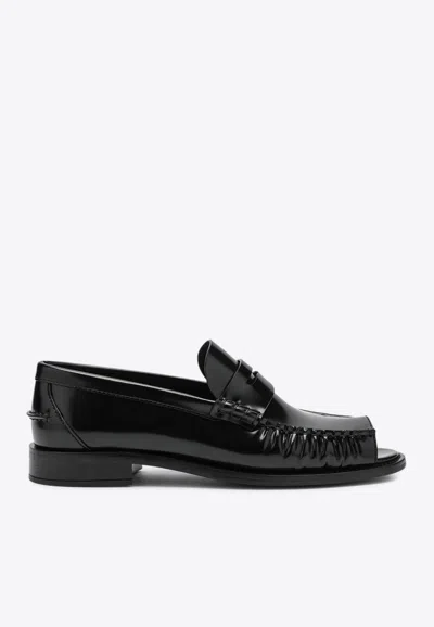 PRADA BRUSHED LEATHER PEEP-TOE LOAFERS
