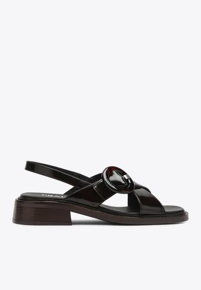 PRADA BRUSHED LEATHER SLINGBACK FLAT SANDALS