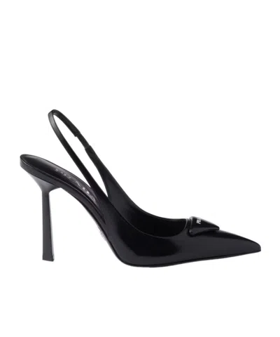 Prada Brushed Leather Slingback Pumps In Black