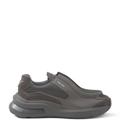 Prada Systeme Brushed Leather Sneakers With Bike Fabric And Suede Elements In Marble Gray