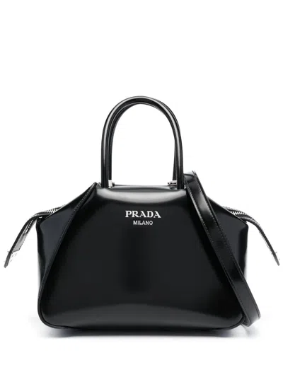 Prada Brushed Leather Tote In Black