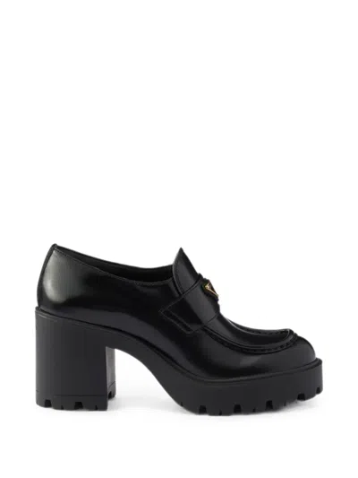 Prada Round-toe High-heeled Loafers In Black