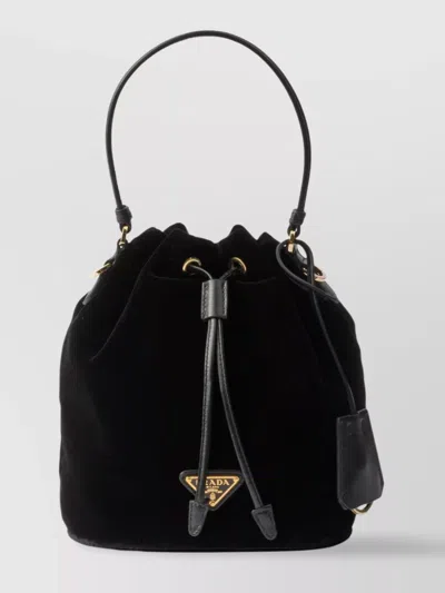Prada Bucket Bag With Leather Handle And Metal Finishes In Black