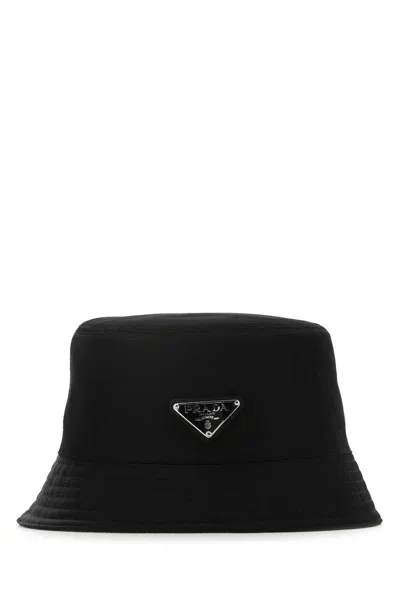Prada Signature Logo Plaque Bucket Hat In Black